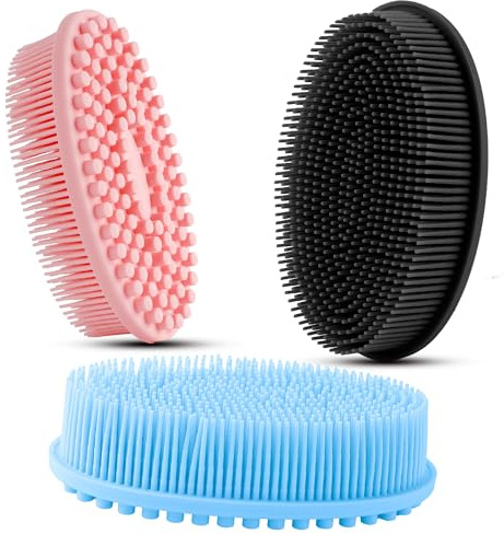 Paquete de 3 depuradores corporales de silicona, esponja de lufa exfoliante de silicona suave, cepillo corporal de silicona para baño, ducha para cuerpo, cepillo de baño y champú 2 en 1 para