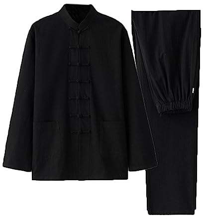 ZHOUXIAO Baumwolle Tai Chi Uniformen Kampfsport Jacke Langarmierte Mäntel Hosen, Tang Anzug Chinesische Traditionelle Kleidung, Unisex Kung Fu Kleidung Atmungsable Morgenübun black-4XL