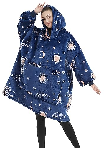 Tospass Damen Herren Flanell Fleece Oversized Pullover Sweatshirt Decke Flauschige Sherpa TV-Decke Übergroße Kapuzen Pullover Kuscheldecke Einheitsgröße mit Ärmeln Blau