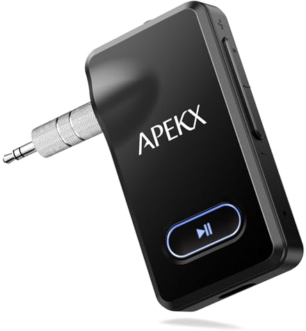 APEKX Bluetooth Adapter for Car, Wireless 3.5mm Aux Hi-Fi Audio Receiver with 15H Battery Life, for Home Stereo, Wired Headphones, and Speaker (Black)