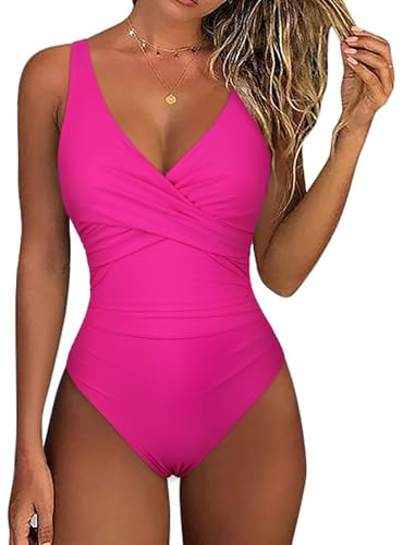 Firpearl Women's One Piece Tummy Control Swimsuits Push Up Bathing Suits with Underwire Front Cross Ruched Swimwear Hot Pink US10