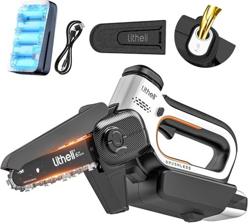 Litheli Mini Chainsaw Cordless 6 Inch, Electric Chain Saw with 10000mAh Battery, 7.5m/s Chain Speed Battery Chainsaw with Oiler System, Brushless Small Chainsaw for Branch Wood Cutting Tree Trimming