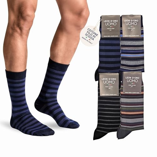 LEON D'ORO Calcetines de hombre de algodón cortos, 6 pares, ligeros, hilo de Escocia, lunares a rayas, fantasía, fabricado en Italia (FR/ES, Números, 40, 45, Regular, Regular, Surtido de color línea)