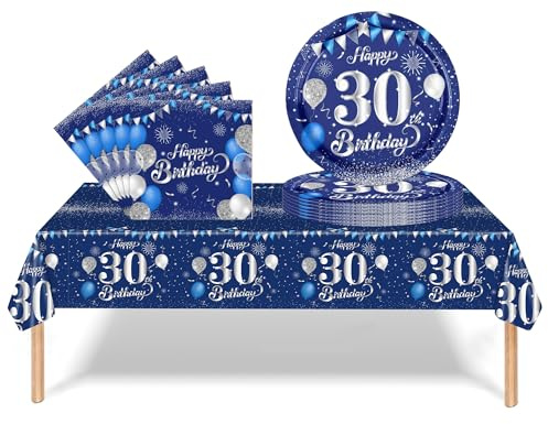 37Pcs 30th Birthday Tableware Set Navy Blue,30th Birthday Decorations with Party Paper Plates and Napkins,Plastic Table Cloth for Her His Women Men Happybirthday Table Decoration Dinnerware Supplies