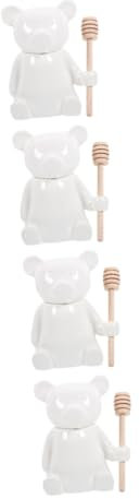 PRETYZOOM 4sets Ceramic Bear Shape Honey Pot Wooden Dipper Kitchen Storage Jar for Honey and Jam Empty Food Storage Container