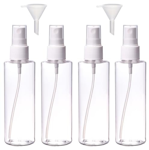 CAIYA 4 Stück 100 ml Sprühflasche mit 2 Trichter, Zerstäuber Sprühflaschen-Set, Tragbares Transparente Sprayflasche für die Körperpflege, Ätherisches Öle, Parfüm, Flüssige Kosmetik