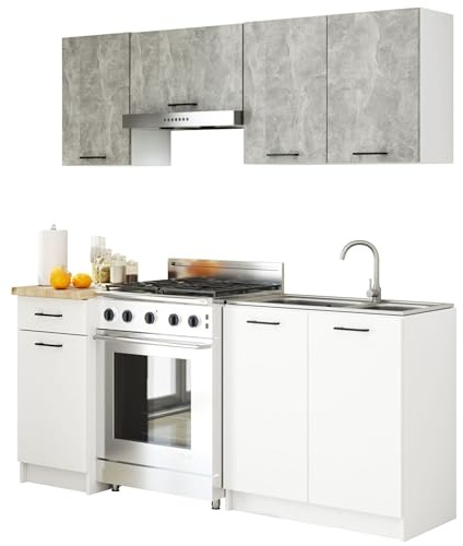 AKORD | Set di Mobili da Cucina Olivia 1.8m | Cucina Completa Piccola | Componibile | su Misura 46 x 180 x 174 cm | Per un design moderno e Tradizionale | Cemento & Bianco Frontale