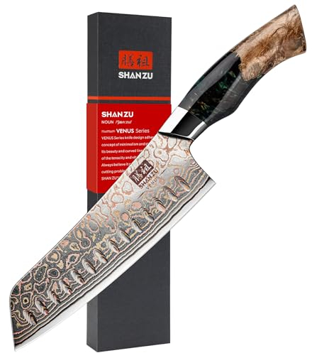 SHAN ZU Kupfer Damastmesser Santokumesser Japanisches Kochmesser 18 cm Küchenmesser Handgeschmiedet 33 Schichten Damaststahl Profi Messer Scharfes Fleischmesser mit Ahornholzgriff- VENUS-Serie