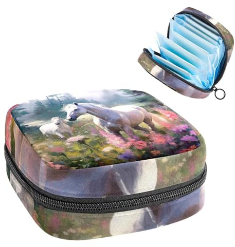 Damenbinden Aufbewahrungstasche Periode Tasche für Schule Teen Mädchen Pferd Blumen Tragbare Periode Tasche mit Reißverschluss Binden Tasche Tampons Halter für Geldbörse