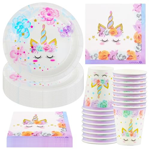 Hmfmdy Set di stoviglie per feste con unicorno, 52 pezzi, decorazione per feste di compleanno, con piatto di carta, tovaglioli, unicorno per feste di compleanno per bambini