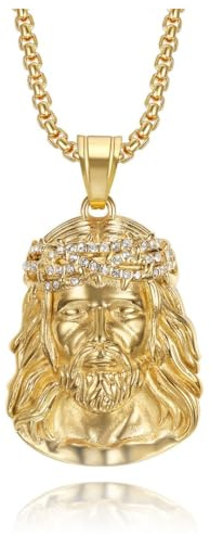 ALANETA Collier de Jésus Christ. Visage de Jésus avec cristaux scintillants, acier inoxydable plaqué or 18 carats, chaîne de 60 cm, bijoux religieux chrétiens. Cadeau pour lui et elle. Fait à la main
