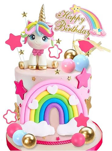 Unicorn Cake Topper, Unicorn Rainbow Cake Decorations with Rainbow Stars Unicorn Balls Happy Birthday Cake Decorations for Boys Girls Kids Birthday Party Baby Shower Supplies