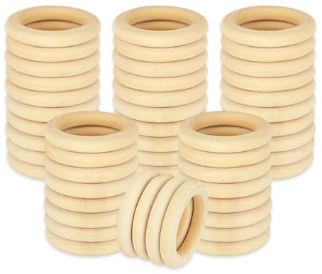 GIDWRIY 50 Stück Natürliche Holzringe Zum Basteln 50mmx10mm,Unbehandelter Holzringe,Makramee Holzring Hölzern,Holz Gardinenringe,Holz Beißringe Kreis,Holzringe Dekoration,Holzringe Schmuckherstellung