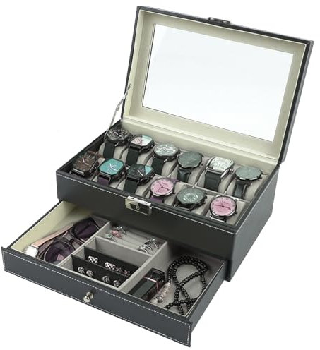 TAZZOR 2 Ebenen Uhrenbox für 12 Uhren Uhrenaufbewahrung mit Schublade Watch Box mit Glasdeckel Uhrenkasten mit Schloss für Ringe Ohrringe Armband Manschettenknöpfe Sonnenbrille, Schwarz