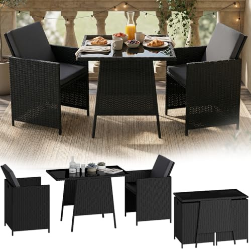 STEELSØN Xenara Essgruppe 3-teilig, 2 Personen, Schwarz/Anthrazit, Rattan | Balkonmöbel Set, klappbare Stühle mit Sitzkissen, Tisch mit Glasplatte, platzsparend, Gartengarnitur, Outdoor, Terrassenmöbel