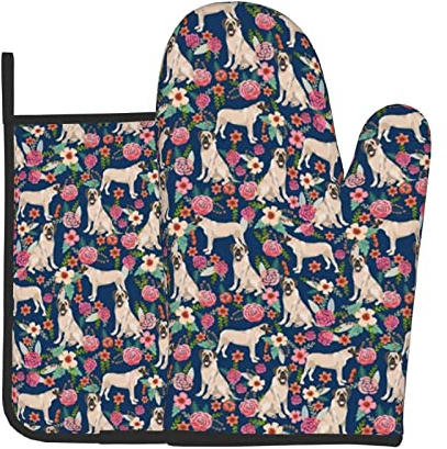 Englische Mastiff-Blumen, Hunderasse, Marineblau, Küchenofenhandschuhe und Grillhandschuhe, Topflappen, Ofenhandschuhe und Topflappen mit Kochhandschuhen zum Backen, Grillen, Kochen