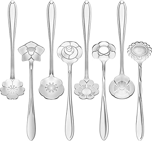 TFixol Set di 8 cucchiaini da caffè a forma di fiore, in acciaio inox, per la tavola creativa, cucchiaio da zucchero, cucchiaino da tè, cucchiaio da bar, 8 diversi modelli (), argento, 8 pezzi