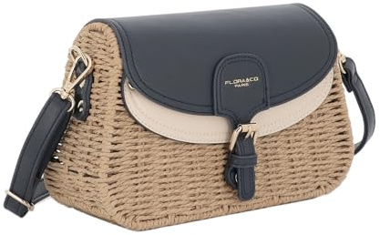 flora & co Sac Bandoulière Femme en Paille – Sac d’Été à Rabat Similicuir – Besace Chic pour Plage Vacances Estivals – Style Bohème Élégant - Bleu