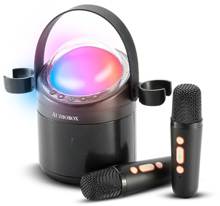Audiobox Mini macchina per karaoke per bambini e adulti, 2 microfoni, effetti vocali e luci a LED, regali di compleanno per ragazze, ragazzi, famiglia, feste in casa
