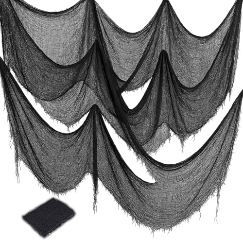 QiuQuecot Halloween Gruseltuch – Extra Großes Schwarzes Käsetuch 215 x 500 cm, Deko Stoff für Halloween Party, Haus, Türen & Fenster, Innen & Außen, Spooky Spinnennetz Optik
