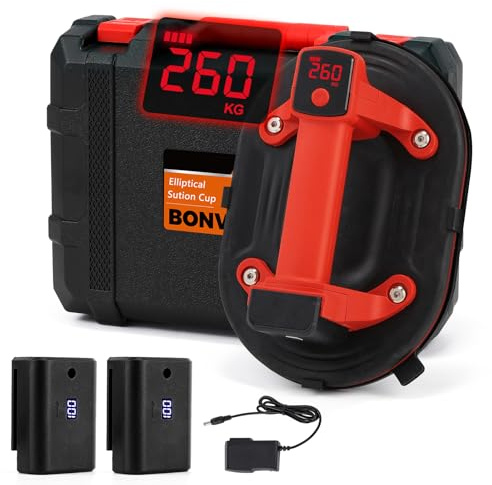 Bonvoisin Akku Saugheber Elektrische, 260kg/573lbs Tragkraft, mit 3000mAh*2 Lithium-Akku, Großer Saugbereich, Akku-Anzeige, für Fliesen/Glas/Marmor/Stahl/Gipskartonplatten (EU)