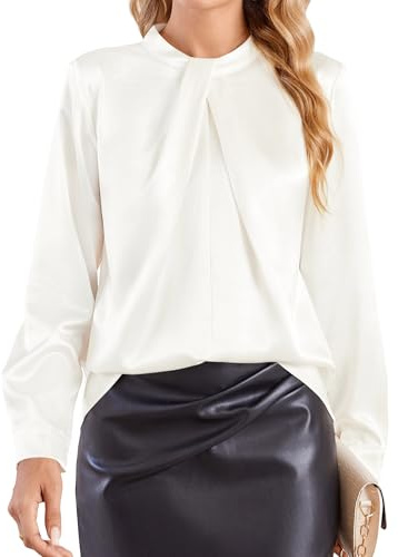 Beluring Seidenbluse Damen Langarm Stehkragen mit Knoten Tunika Bluse Satin Oberteile Tops Creme L