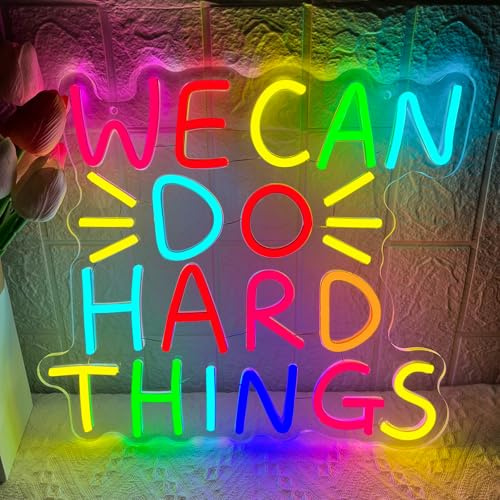 We Can Do Hard Things Neon Sign,Motivational LED Signs USB Powered Dimmable Neon Light for Classroom Office Library Kids Wall Art Bedroom Game Room Birthday Party Decor