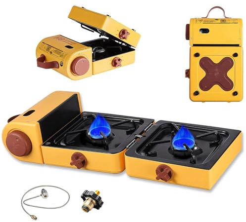 Réchaud à gaz de Camping Pliable 2 brûleurs réglables et allumage piézoélectrique, poignée de Transport Facile, 2 réchauds de Camping 2300W