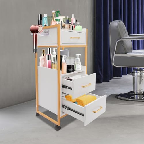 Carrello cosmetico con ruote, 3 cassetti e porta asciugacapelli, carrello salon, trolley da parrucchiere con armadio, moderno carrello da lavoro per bagno, soggiorno (bianco)