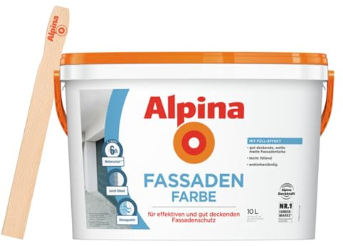 Alpina Fassadenfarbe 10 Liter Weiß matt – zuverlässige Schutzfarbe für wetterbeständige Außenflächen – inkl. gratis Rührholz