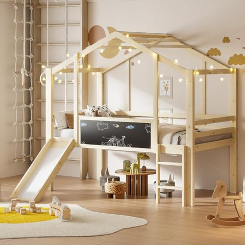 Lit enfant 90 x 200 cm avec échelle de sécurité et toboggan de sécurité, lit mezzanine avec panneau graffiti, lit multifonctionnel lit en bois massif (Natural, 90*200)