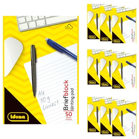 Idena 90431 - Block liniert A4, 10 Stück, Schreibblock mit 50 Blatt und ohne Rand, 70g/m² Papier ungelocht und kopfgeleimt