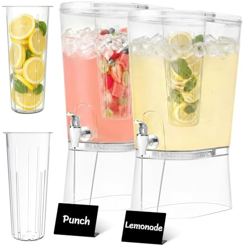 Lifewit 2 Gallon Drink Dispenser for Parties 2 Pcs, Large Plastic Beverage Container for Juice/Tea/Soda with Stand & Ice Core, Clear Lemonade Dispenser with Spigot, BPA Free Water Pitcher for Hosting