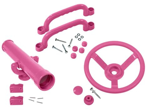 Pirate Ship Wheel Playground Set - Pink Swingset Attachments for Kids, Includes Steering Wheel, Telescope & Handles for Playhouse, Climbing Frame, Treehouse