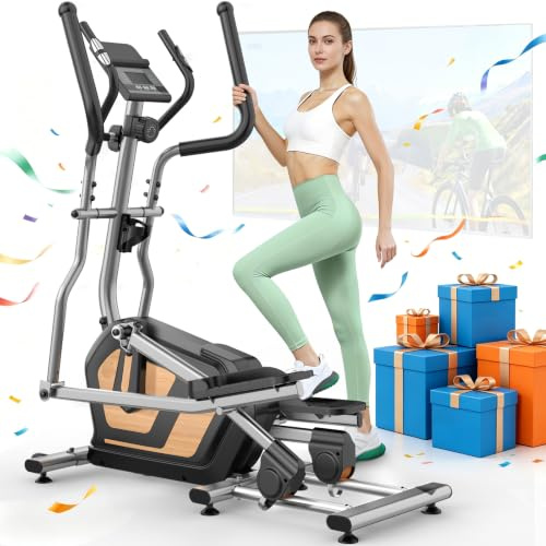 Cowmew Elíptica para Casa, Ultra Silenciosa Bicicleta Eliptica con Resistencia Magnética de 16 Niveles, Volante 10kg, Zancada de 45 cm, Monitor LCD y Bluetooth, Soporta hasta 150kg