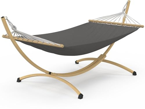 IDMarket - Hamaca XL con soporte de metal con efecto madera y tela gris