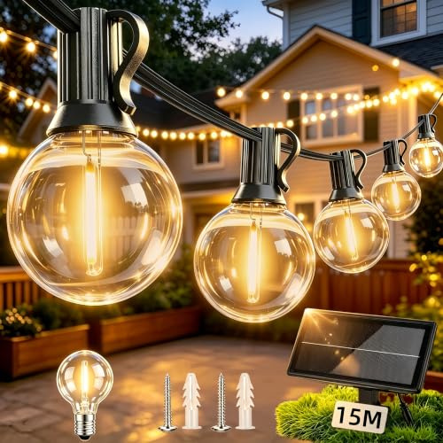LaPitio Solar Lichterkette Outdoor LED 15M, Wasserdicht Bruchsichere | Lichterkette Außen mit 20+1 Kunststoffbirne, Solar & USB Aufladung, 3 Lichtmodi für großer Garten, Hof, Terrasse, Außenfeier