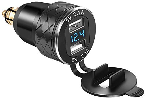 iMESTOU Aluminium DIN Hella USB Stecker auf Dual USB Ladegerät Adapter | Mit LED Voltmeter Wasserdicht für 12V/24V BMW Ducati Motorräder