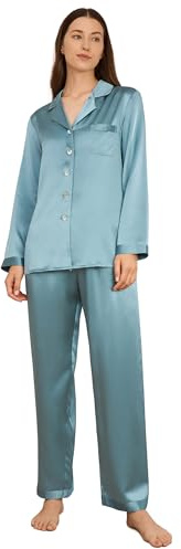 LilySilk Dam 22 mm 100 % rent sidenpyjamas-set, kvinnor, lyxig, långärmad topp med knappslå och elastisk underdel, loungewear-pyjamas, Dimblå, M