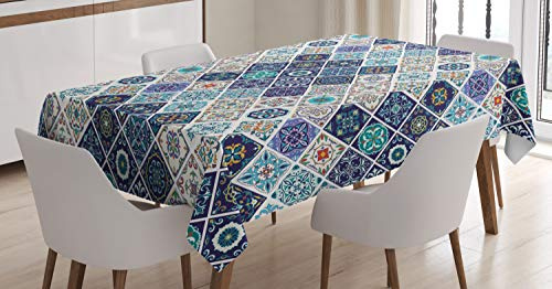 ABAKUHAUS traditionell Tischdecke, Portugiesisch Retro Tile, Pflegeleicht mit Modernster Druck Technologie Waschbar und Personalisiert, 140 x 170 cm, Türkis Blau Beige