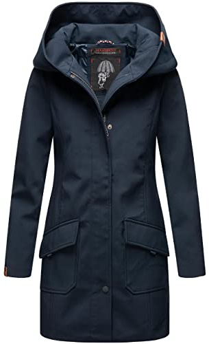 Marikoo Mayleen - Giacca lunga da donna in Softshell, cappotto, parka, impermeabile, per uso all’esterno, con cappuccio, taglie XS-3XL, Blu, M