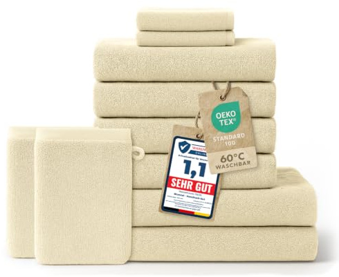 Blumtal Premium Frottier Handtücher Set 10 teilig 100% Baumwolle - Oeko-TEX zert. Badetuch 2X (70x140 cm) + Handtuch 4X (50x100 cm) + Gästehandtuch 2X (30x30 cm) + Waschlappen 2X (15x20 cm) - Beige