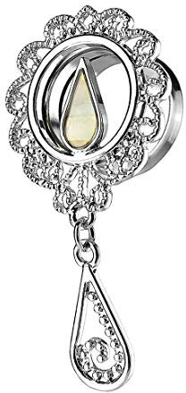 Taffstyle Flesh Tunnel Ohr Piercing Ear Plug Ohrpiercing Edelstahl Schraub Vintage mit Perlmutt Tropfen Strass Kristall Anhänger Silber 8mm