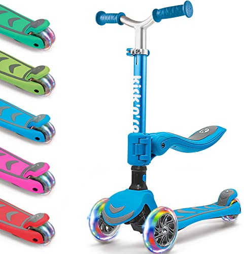 Kicknroll Roller Kinder 3 Jahre, Kinderroller 2-in-1 mit Sitz, Faltbar Rutsche Scooter, 4 Verstellbare Höhe, 3 LED Räder, Dreirad Tretroller für Kleinkind Jungen Mädchen 3-8 Jahren