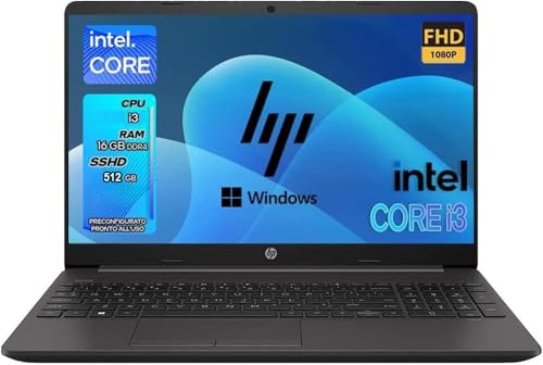 HP 250 G9 | Pc portatile notebook Intel Six core i3 13th | Ram 16 GB ddr4 | SSD 512 GB | Display 15.6 FHD | BT | WiFi | Windows 11 Pro | Computer Pronto all'uso