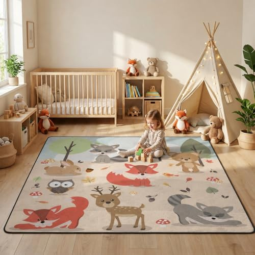 ALALAL Cartoon Waldtiere Teppich, niedlicher Wald, Hirsch, Kaninchen, Bär, Fuchs, Eule, Vogelteppiche für Kinderzimmer, Kinderzimmer, Mädchenzimmer, Spielzimmer, Wohnzimmer, 1.5 mx1.8 m, Rosa