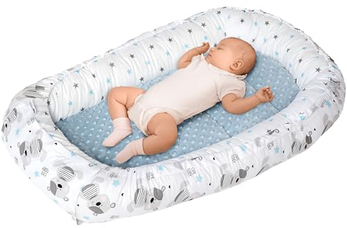 Medi Partners Riduttore Lettino Neonato - 100x60x15 Nido Antisoffoco Neonati Bozzolo Culla per Bebè neonata bilaterale Cuscino 100% Cotone Minky (orsacchiotto con Minky azzurro)
