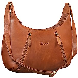 Benthill Damen Handtasche Leder - Damentasche aus Rindsleder - Umhängetasche mit Reißverschluss - Vintage Frauen Schultertasche, Farbe:Braun