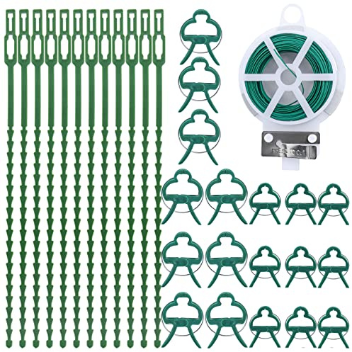 Bestgle 31 Stück Pflanzenclips Set, Pflanzenhalter für Rankhilfe Tomaten Gurken Rosen und andere Rankpflanzen, Pflanzen Verbinder für Kletterpflanzen(12 pflanzenbindern+18 Clips+20m gartendraht)