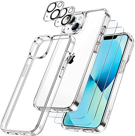 JETech 5-in-1 Hülle für iPhone 13 mini, Anti-Vergilbung, Durchsichtig | 2 Gehärtete Glas Schutzfolien, 2 Kameraschutz Folien, Stoßfest Handyhülle